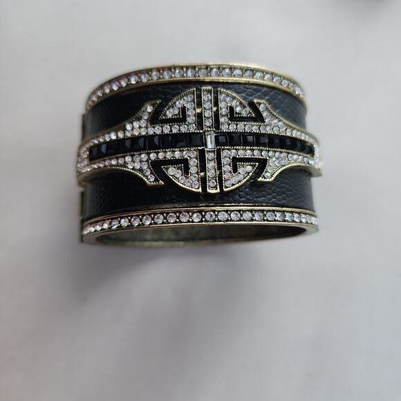 HEIDI DAUS Art Deco Black Leather Swarovski Crystal Cuff Bangle Bracelet Big - Picture 2 of 10